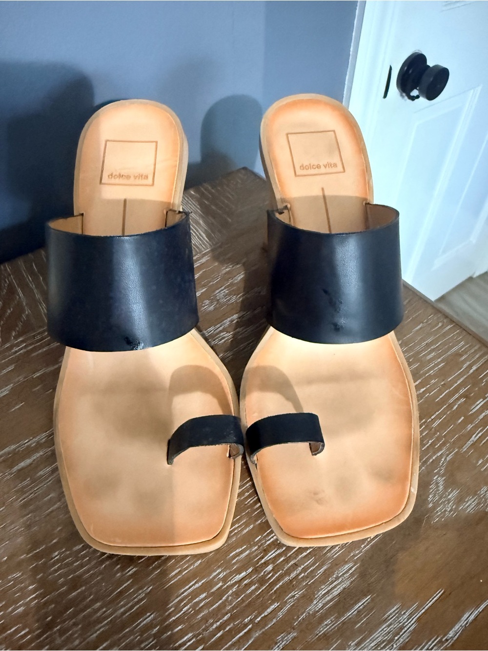 Dolce Vita Black Leather Slide Sandals with Toe Loop. Three inch heel